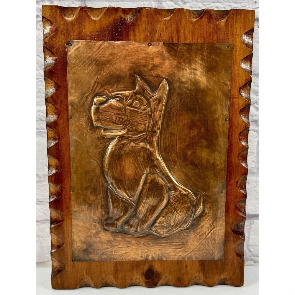 Vintage MCM Framed Hammered Copper Wall Plaque Dog Embossed Folk Art Wood